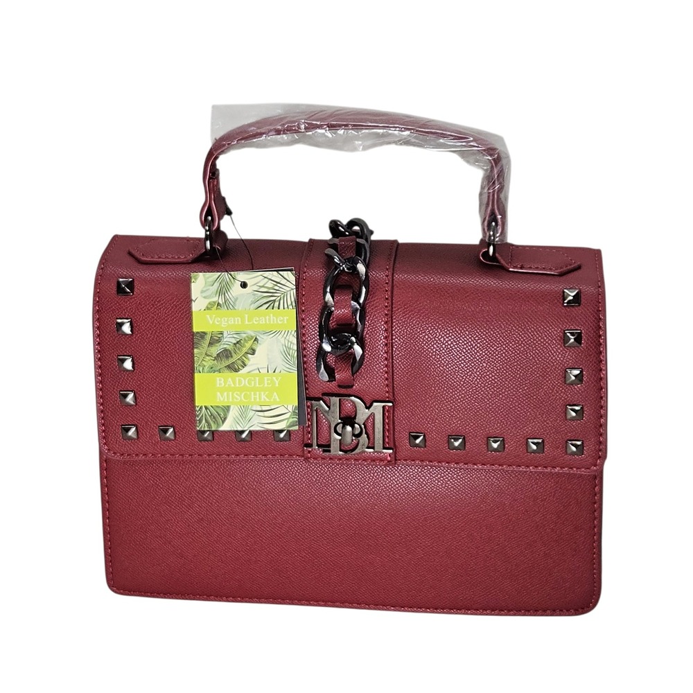 Badgley Mischka Burgundy Vegan Leather Studded Crossbody Satchel Bag Gunmetal